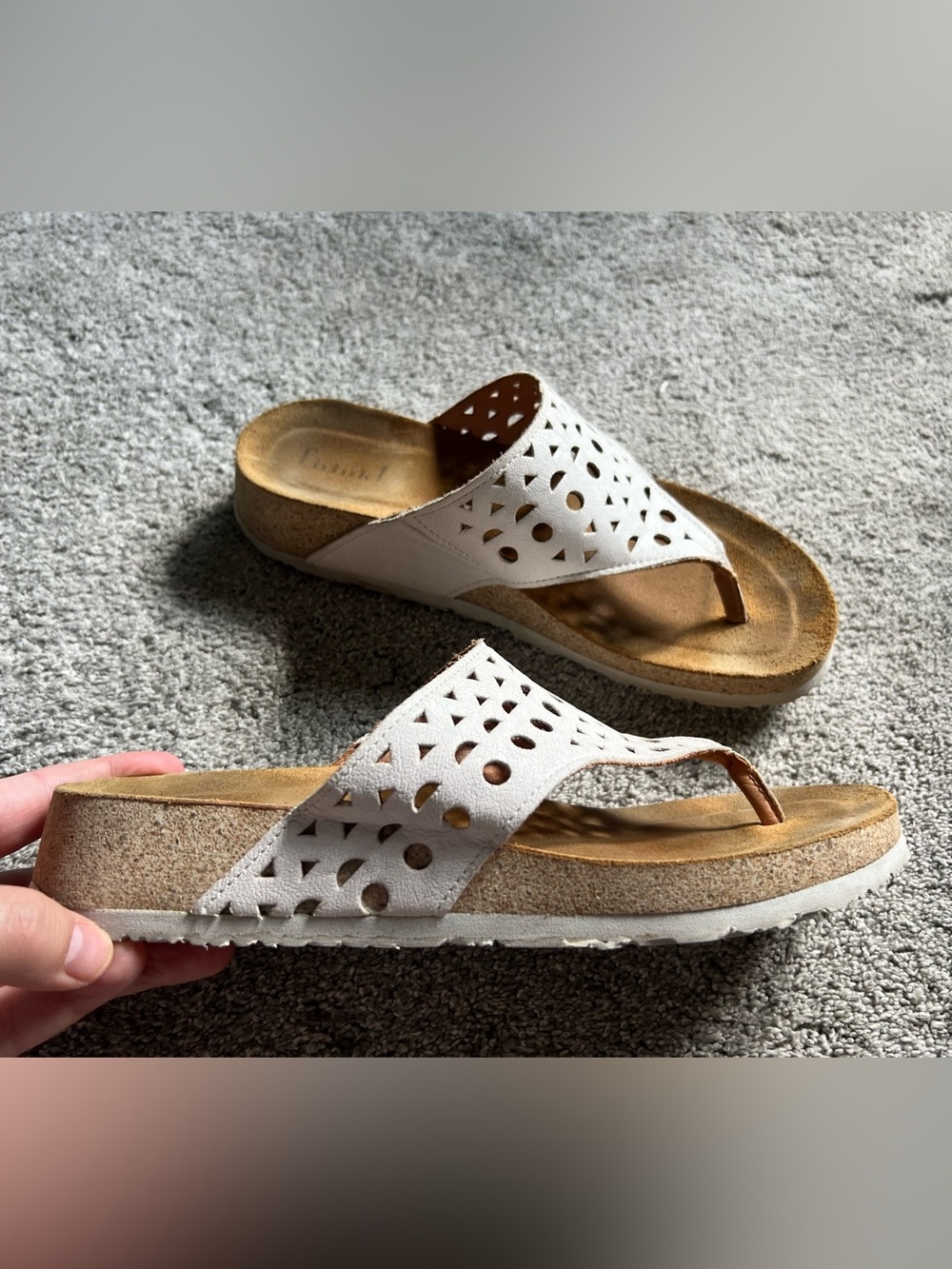Think! Koak Size 41 / 11 Sandals Shoes Ivory Thong Leather Cutout Cork